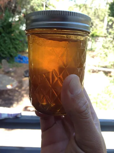 A hand holding a jar of honey up to the sunlight