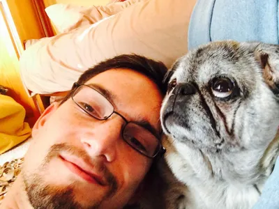 A selfie with Olive, a grey-muzzled pug resting against the camera